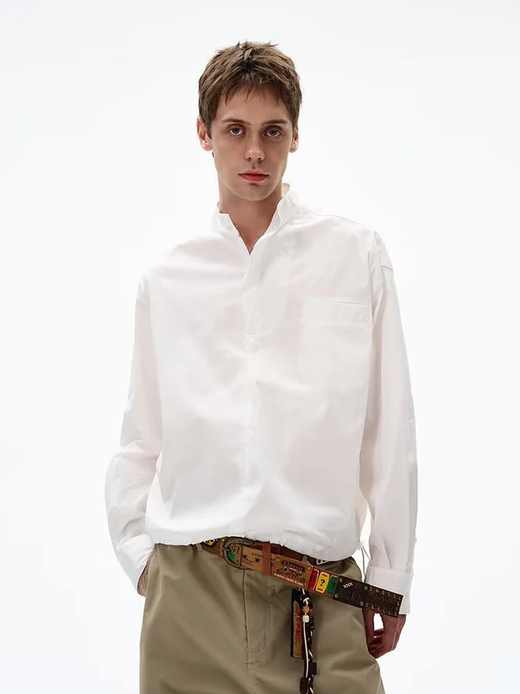 

American Retro Dstring Long Sve irt Loose Casual Thin Stand Collar Coat for Men And Women Spring Autumn Pure Color