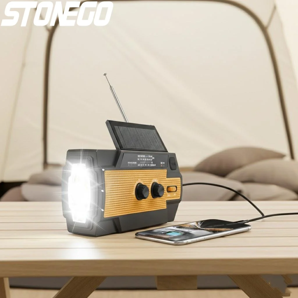 Rádio Solar Portátil de Emergência com Manivela 4000mAh AM/FM/NOAA 1W Lanterna Carregador de Celular Alarme SOS