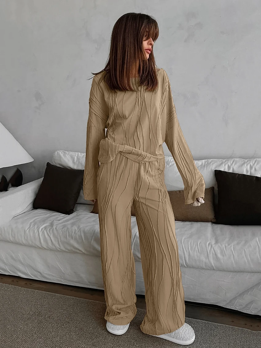 

Marthaqiqi Loose Ladies Nightgowns Set Long Sleeve Nightwear O-Neck Pajamas Wide Leg Pants Casual Female Sleepwear 2 Piece Suit