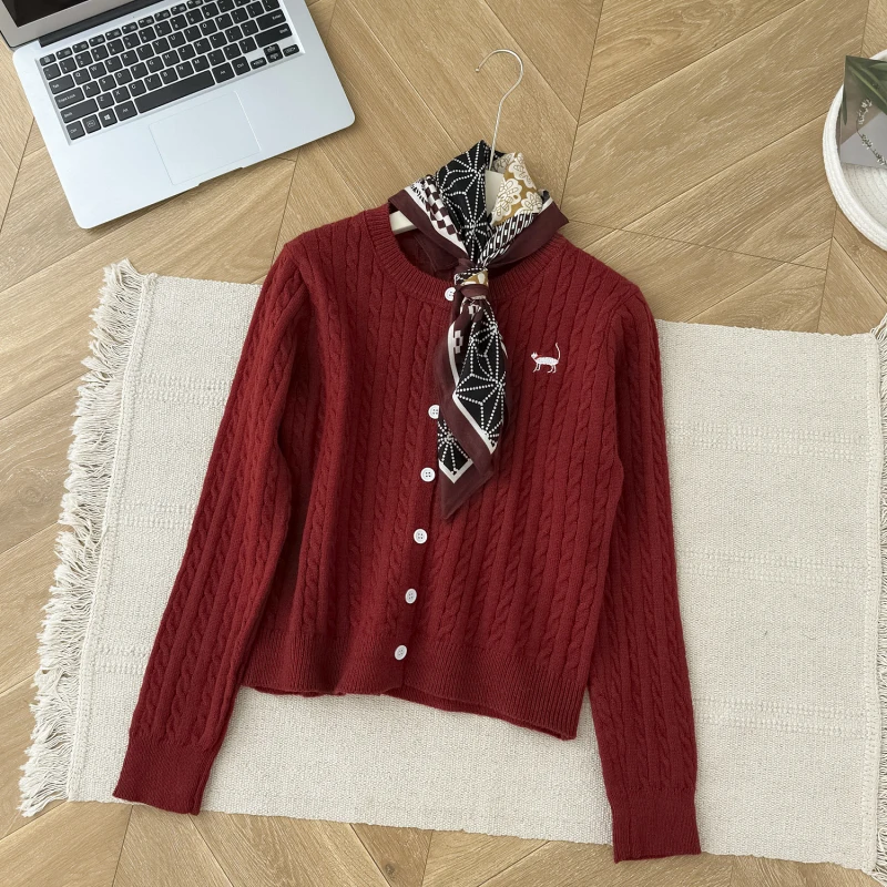 Bomon 2000s Korean Y2K Kitten Embroidery Single breasted Knitwear Women's new autumn/winter twist sweater coat with silk scarf