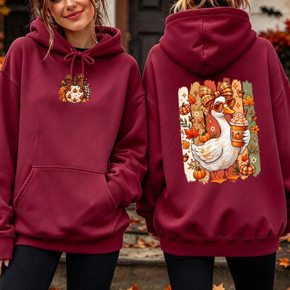 Fall Duck Pumpkin Spice Coffee Double Side Print Hoodie Women Casual Long Sleeve Cute Retro Sunglasses Bow Autumn Fashion Top view 2