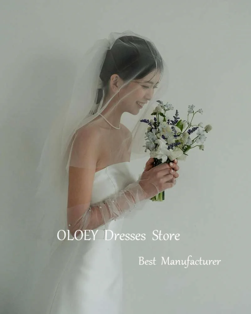 OLOEY Simple A Line Satin Korea Wedding Dresses Photoshoot Strapless Ankle Length Bridal Gowns Formal Party Dress Gloves Veil