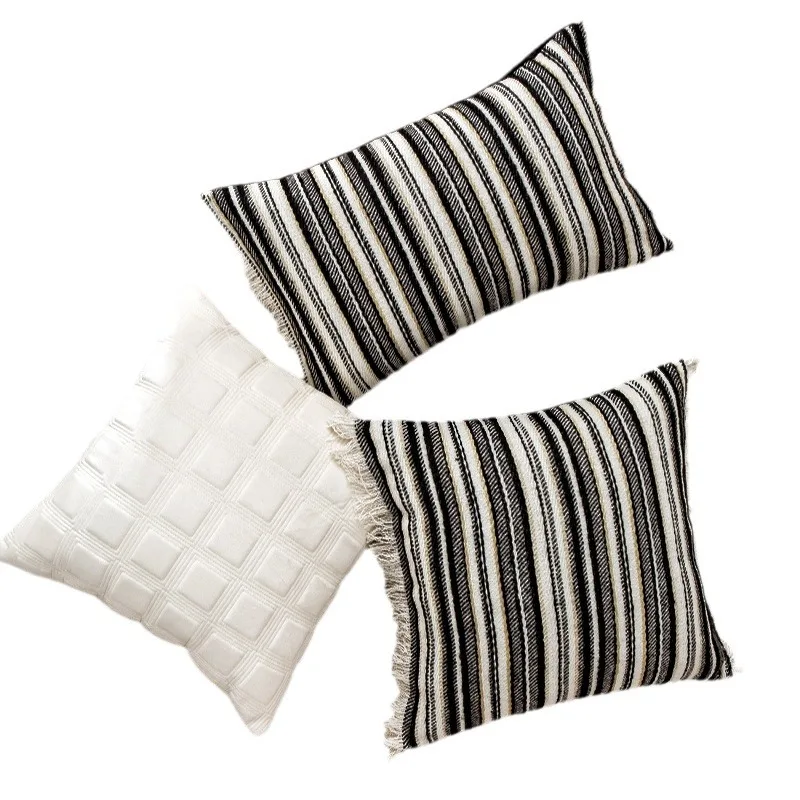 Light French Style Sofa Cushion Cover Black and White Striped Jacquard Pillowcase Decorative Back Pillow Cover Backrest