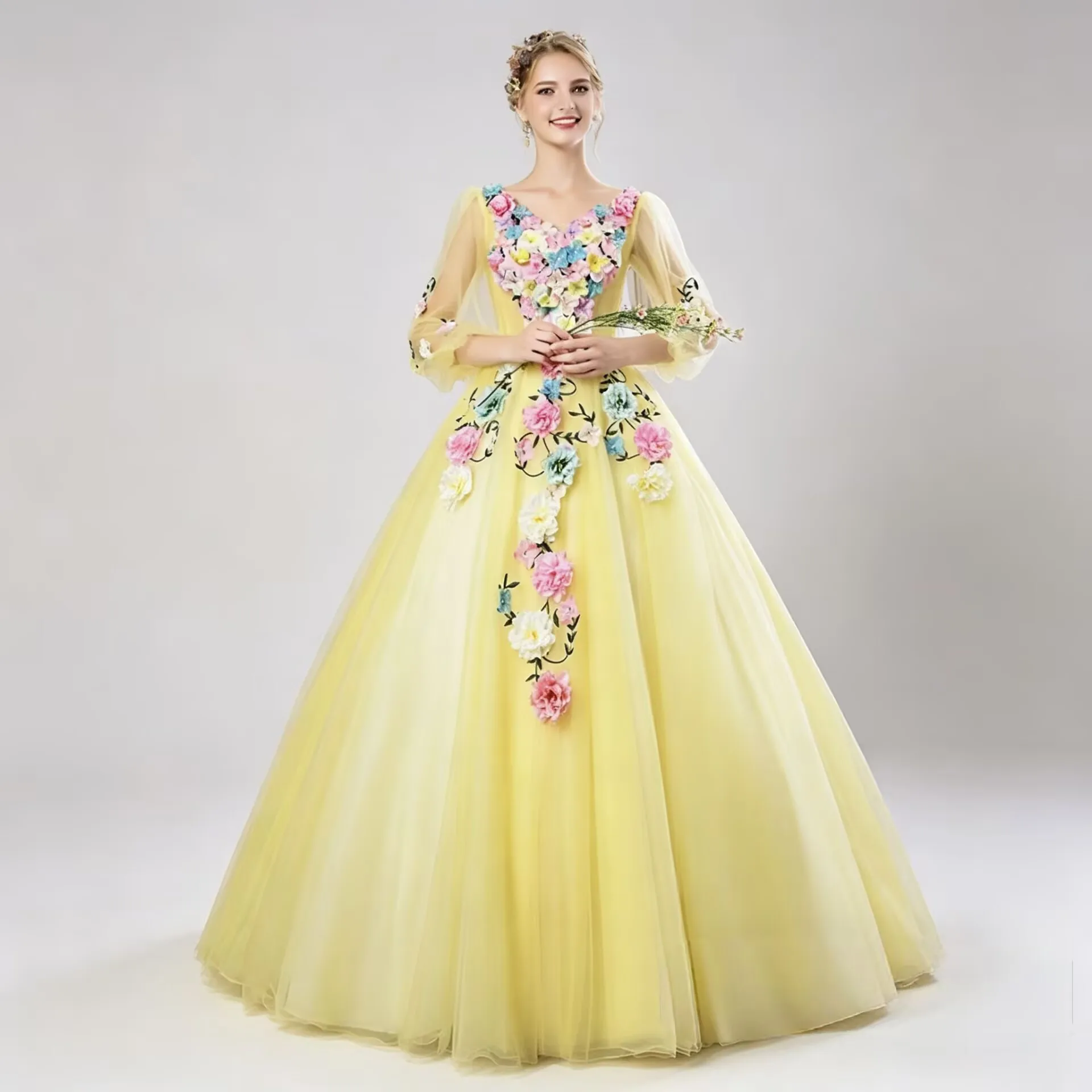 

JEHETH Customized Colorful Tulle Prom Dress Floral Applique 3D Flowers Puffy Long Sleeves Evening Party Gowns Robes De Soirée