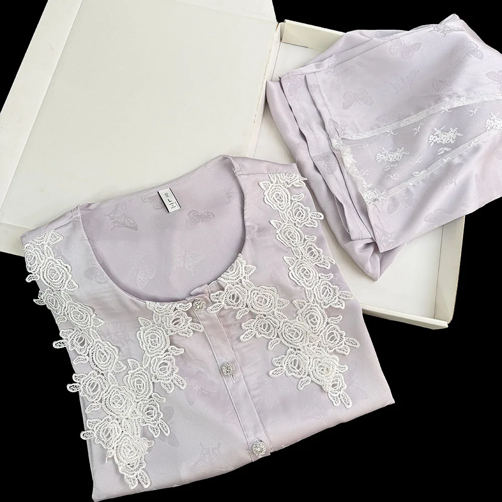 

Embroider Flower Collar Shirt Pants 2Pcs Pijamas Mujer Rayon Loungewear Spring Summer New Home Clothes Nightwear Sleepwear