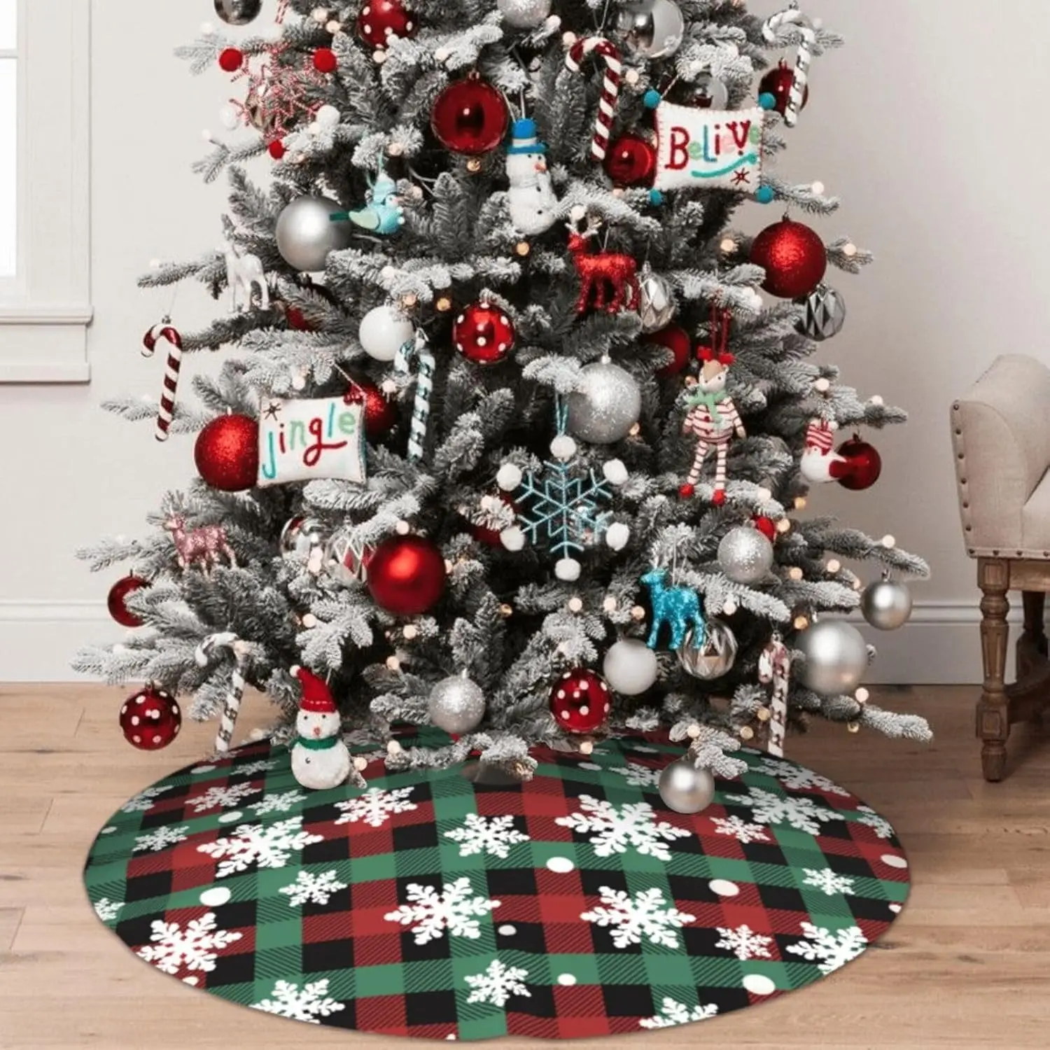 Pequena Saia De Árvore De Natal Branco, Floco De Neve Red Green Buffalo Plaid Xmas Tree Mat, Saias Decorações, 3ft, 4ft, 6 Pé, 36"