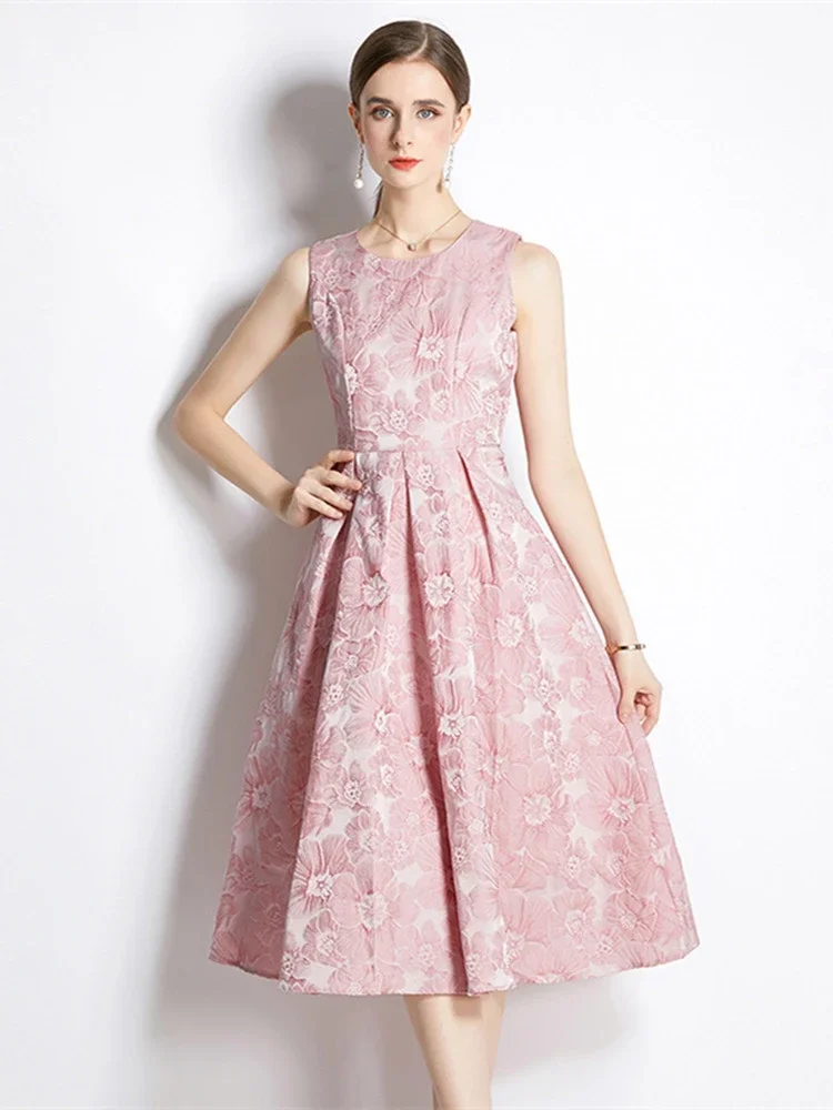 New Jacquard Elegant Dress High Waist Bubble A-Line Temperament Vest Sleeveless O Neck Flower Evening Party Midi Vestidos