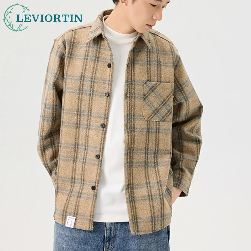 

Весна и осень 2022, японская мужская модная классическая универсальная матовая толстая клетчатая свободная удобная рубашка с длинными рукавами