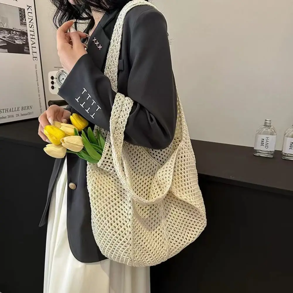 

Solid Color Women Knitting Shoulder Bag Large Capacity Soft Casual Woven Handbag Convenient Hollow Out Crochet Mesh Tote Travel