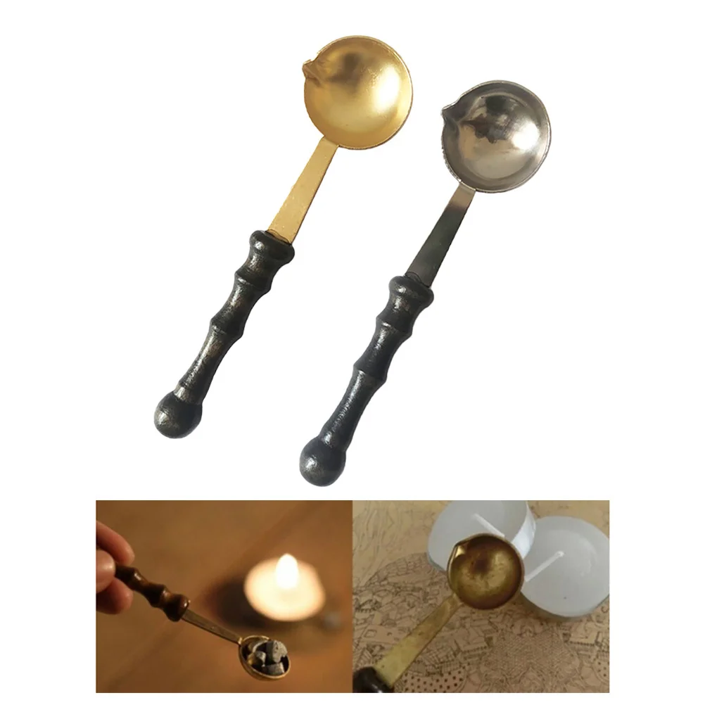 

2Pcs Wood Handle Wax Melting Spoon Copper Seal Scoop for Gift Box Wine Bottle Sealing Stamp Craft DIY Invitation Envelope Decor