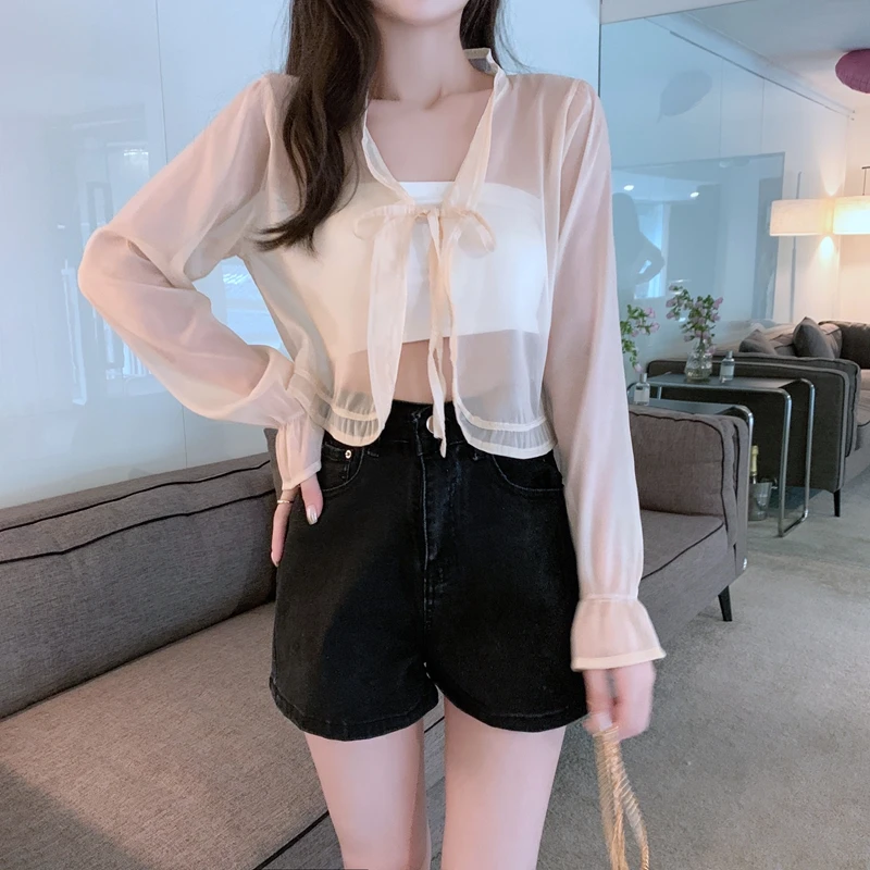 Cárdigan de gasa transpirable con volantes y cuello en V para mujer, blusa Sexy para vacaciones y playa, chaqueta fresca en polvo para mujer