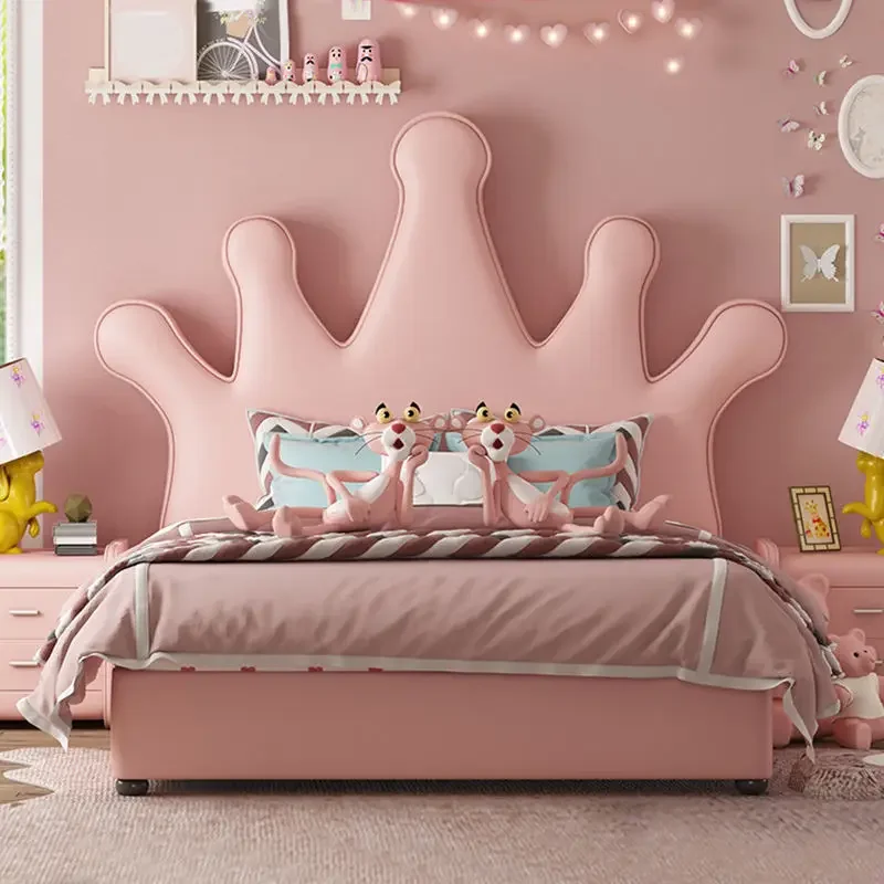 Children's  girl dream pink girl princesssimple crown single  leather 1.5 meters Nordic leather bed