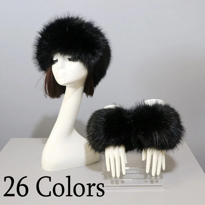 3pcs/Set 26 Colors Women Winter Faux Fox Fur Headband Hats Cuffs Fashion Warmth Female Wrist Sleeve Gloves Faux Fur Cap Russian