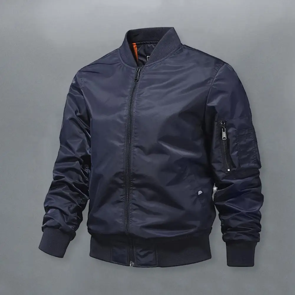 

Men Jacket with Multiple Pockets Men's Windproof Stand Collar Jacket with Multi Pockets Smooth Solid Color Outdoor Coat