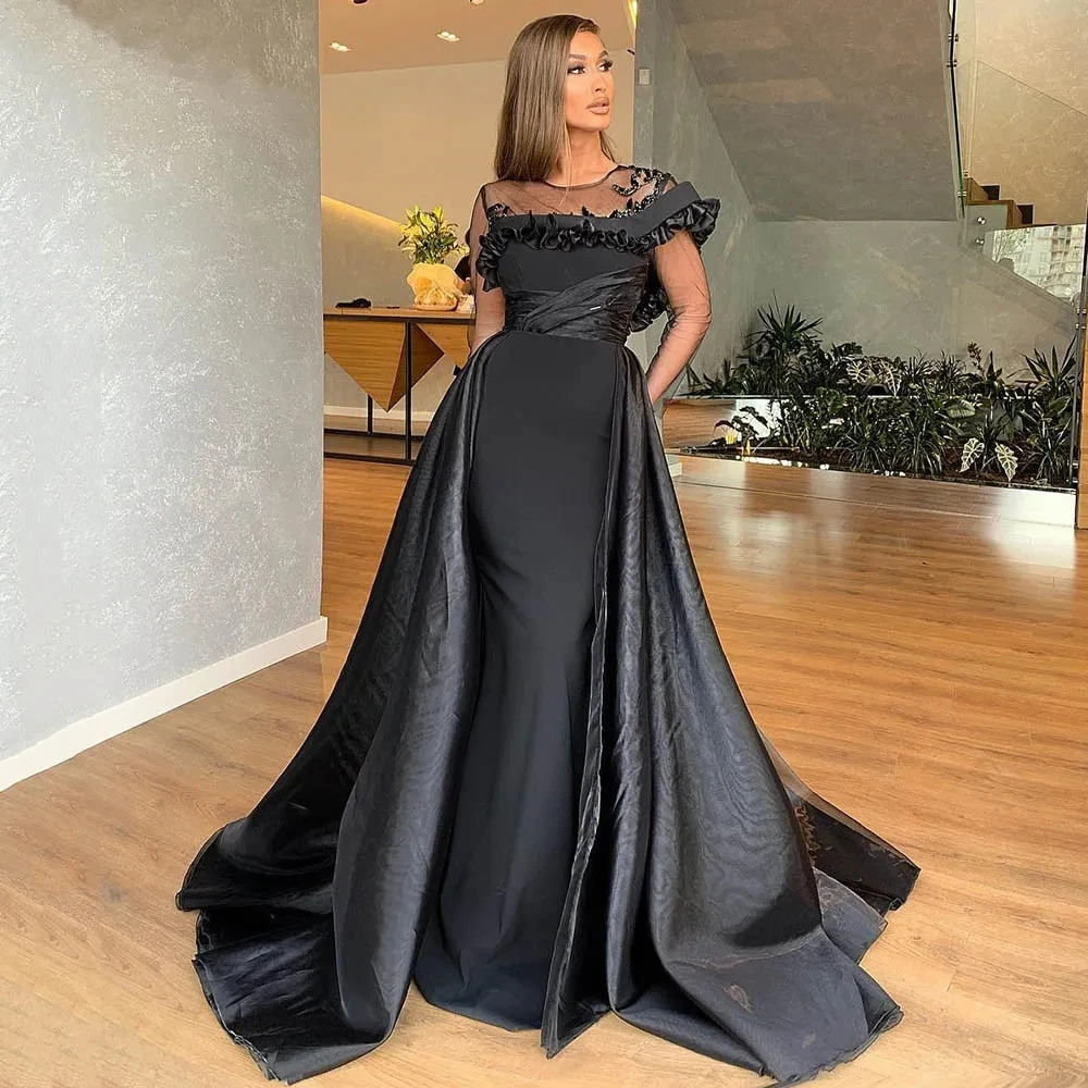 Black Satin Mermaid Long Sleeves O-Neck Prom Dresses Ruches Short Sleeves Pleats Women Evening Dress Party Gowns Plus Size