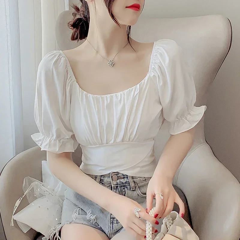 Camicette da donna Solid Slim Sexy Crop Top Fasciatura Colletto quadrato Stile coreano Temperamento alla moda Camicie da donna Summer Chic