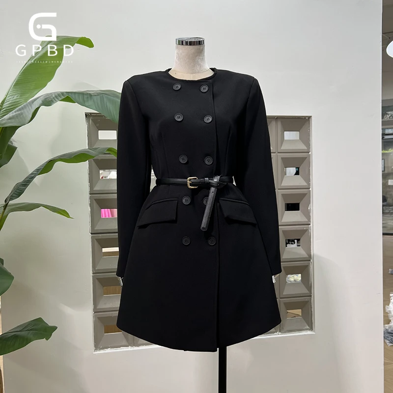 

Elegant Solid Spliced Button Tunic Coats for Women Round Neck Long Sleeve Patchwork Beltes Party Jackets Female Fashion New