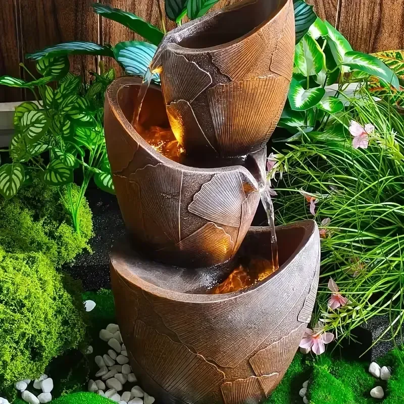 Custom Handmade Polyresin Painted Leaf-Patterned Water Fountain Illuminated Tiered Sculpture Statue Home Garden Decor Holiday