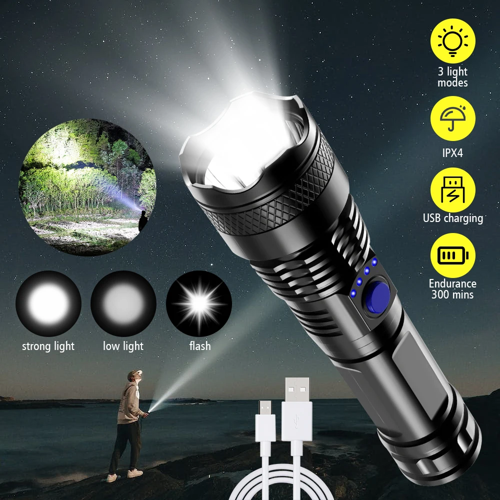 

Powerful LED Flashlight USB Rechargeable Lamp Super Long Range Strong Light Lamp Outdoor Camping Portable Waterproof Light