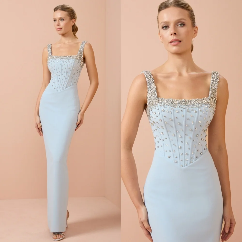 

Customized Formal Blue Jersey Homecoming Dresses Temperament Strapless Evening Gowns High Quality Special Occasion Gowns