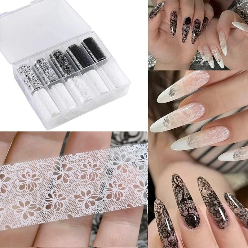 

Набор из 10 рулонов черно-белых и красных фольгированных наклеек с кружевными цветами для дизайна ногтей, стикеры и украшения для маникюра в салоне