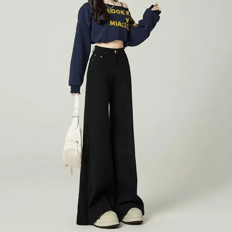 American Sle High Waist Wide Leg Denim Jeans Women's Bla Spring New Loose Drapey Floor-Length Pants Slimming Effect