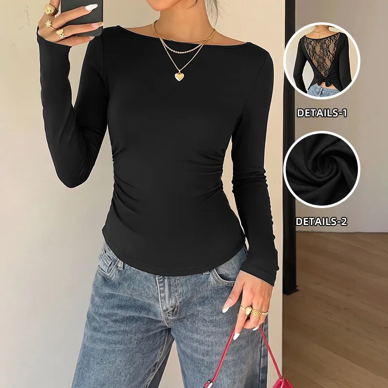 Women T Shirts Tops Lace Tees Spliced Bow Long Sleeves Slash Neck Cinched Waist Slight Strech Slim Fit Sexy Casual 2026 Autumn