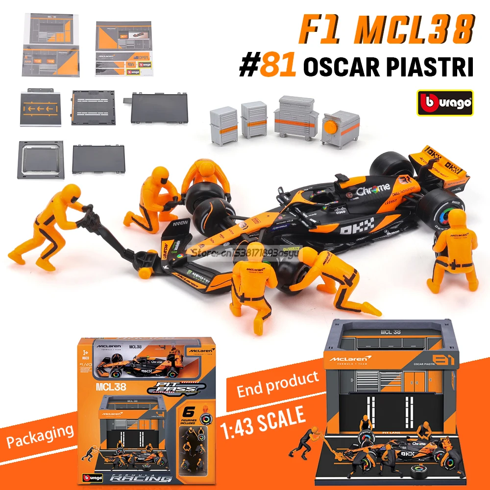 Bburago 1:43 2024F1 DIY Pit House modelo de carro em liga Mclaren MCL38 # 4 Lando Norris # 81 Oscar Piastri Ferrari Red Bull Mercedes Benz