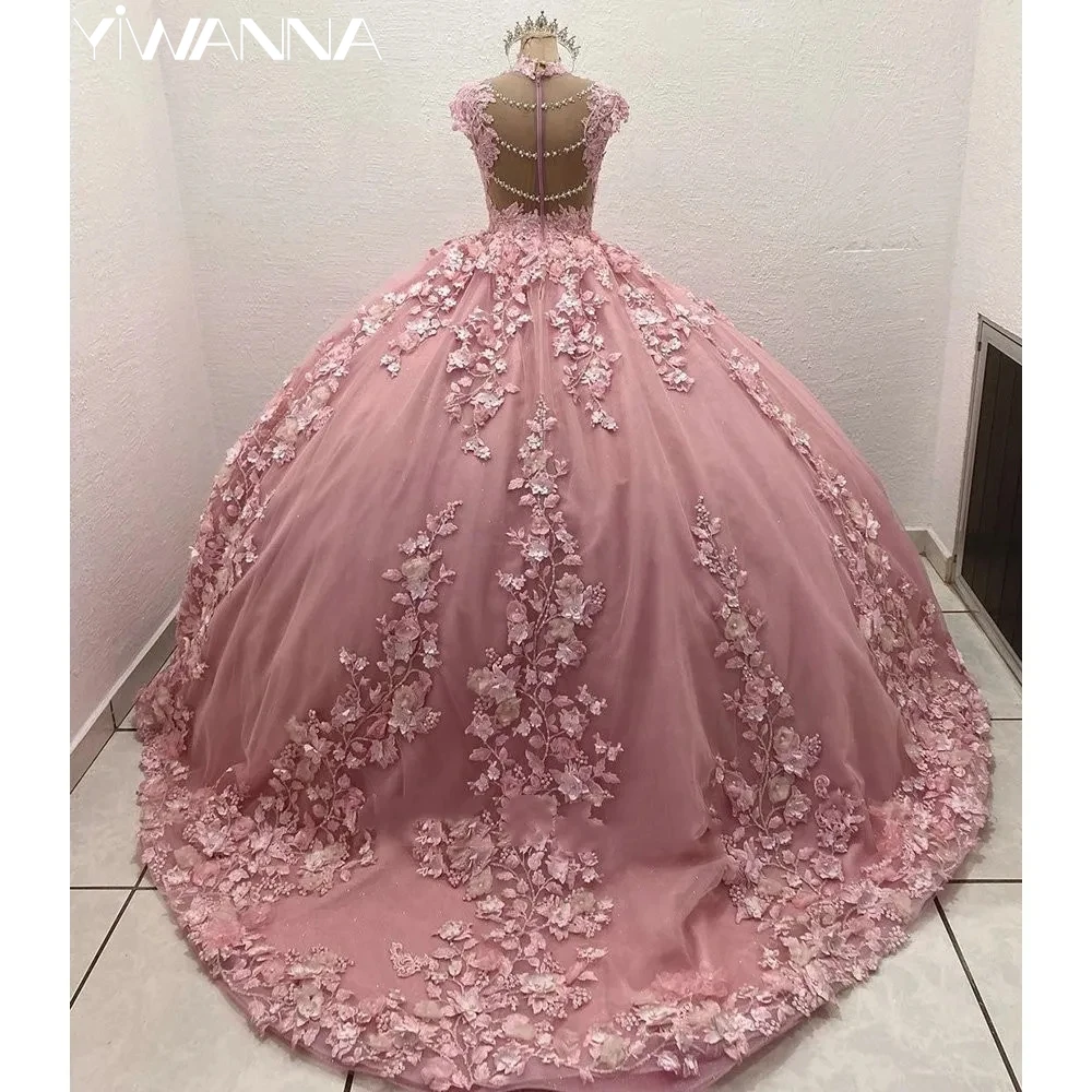 핑크 공주 원피스 성인식 드레스, 아름다운 아플리케 3D 꽃, 달콤한 16 세 생일 파티 가운