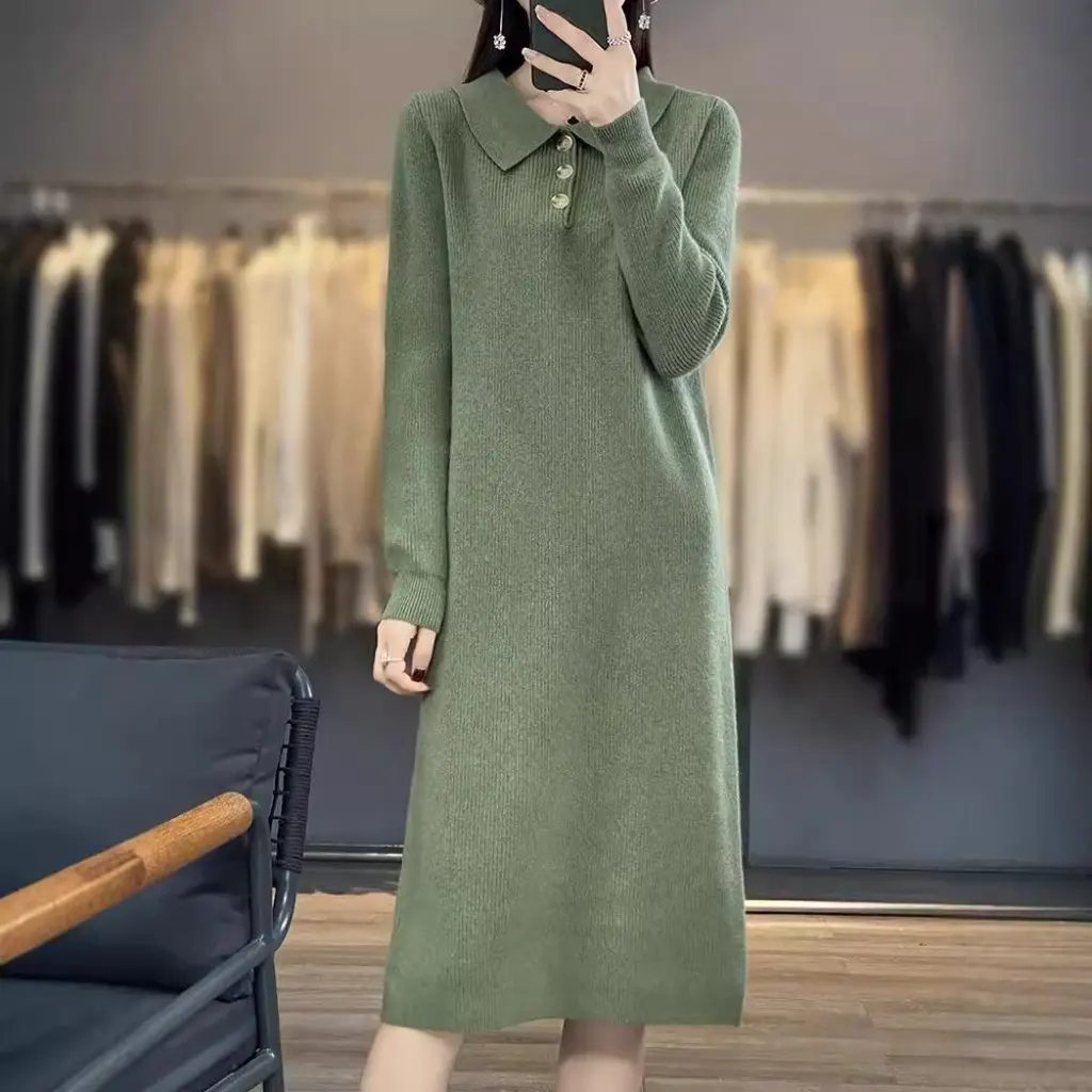 

Korean Style Women's Knitted Sweater Autumn Winter Base Dress Over-the-Knee Mid-Length Polo Collar Loose Fit Wool Dress