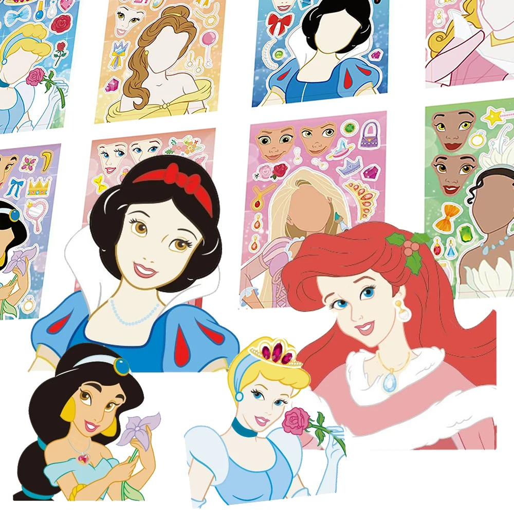 8/16 ورقة ديزني لطيف الأميرة لغز ملصقات اصنع الخاصة بك DIY بها بنفسك أنيمي فتاة الوجه بانوراما ملصق مضحك تجميع اللعب هدايا الحفلات