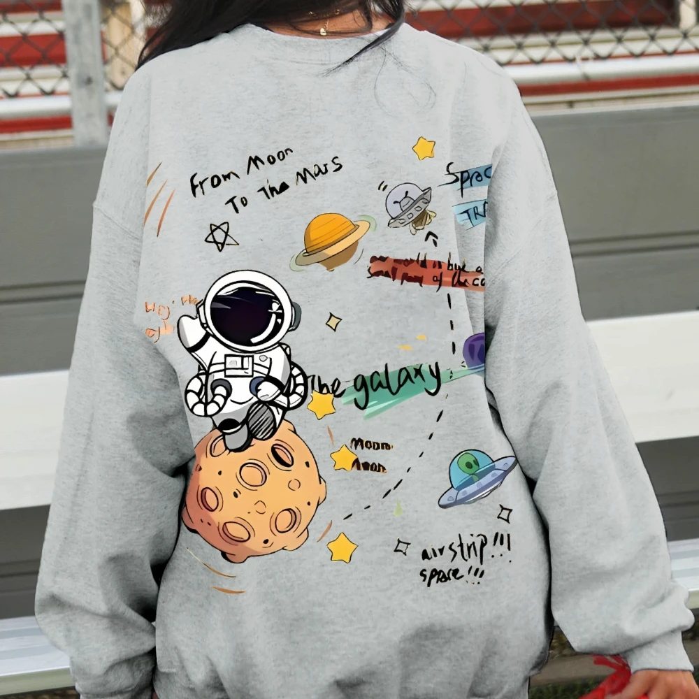 Cartoon Astronaut Space Adventure Print Sweatshirt Casual Style Long Sleeved Hoodie Comfortable Loose Unisex Classic Pullover