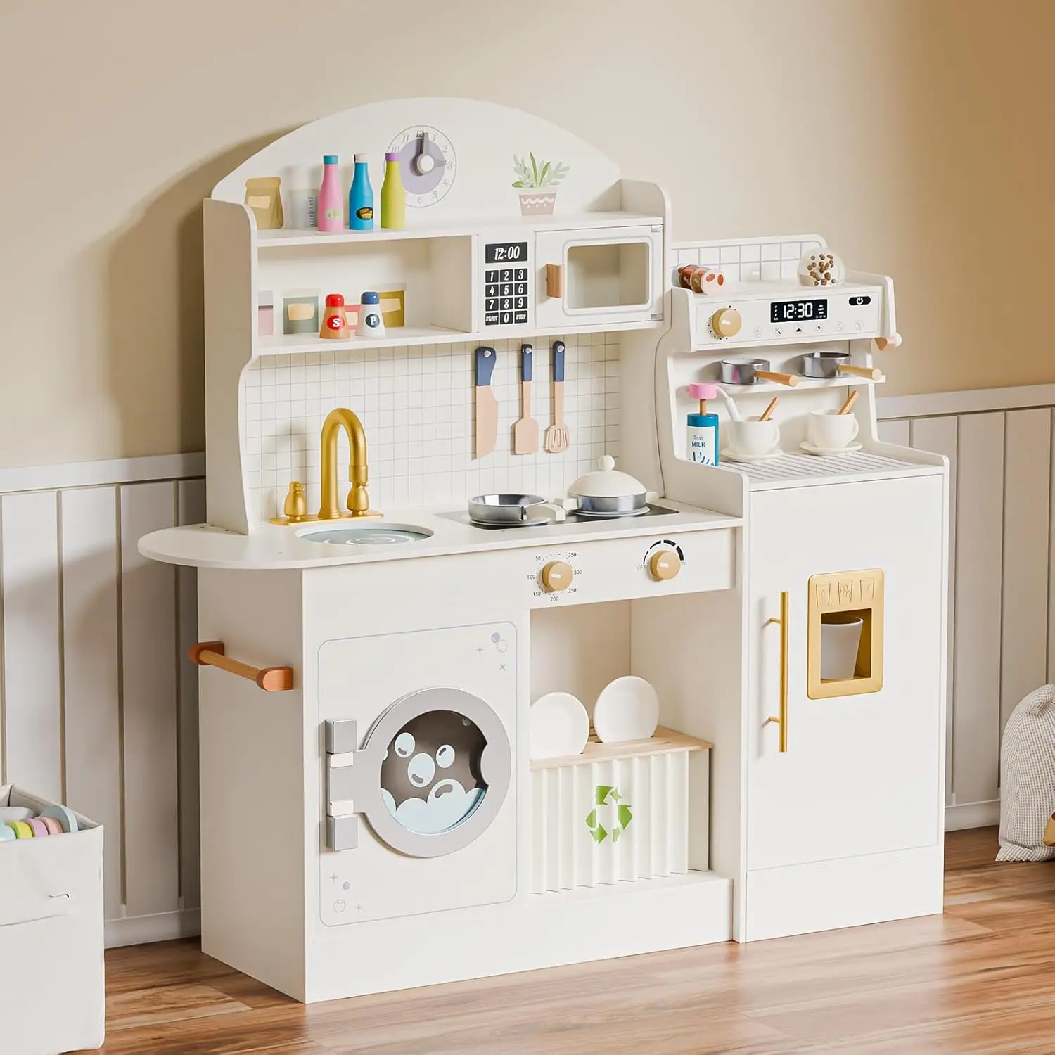 Juego de cocina de madera con cafetera, accesorios de cocina de simulación, diseño de cocina para niños, el mejor regalo para mayores de 3 años