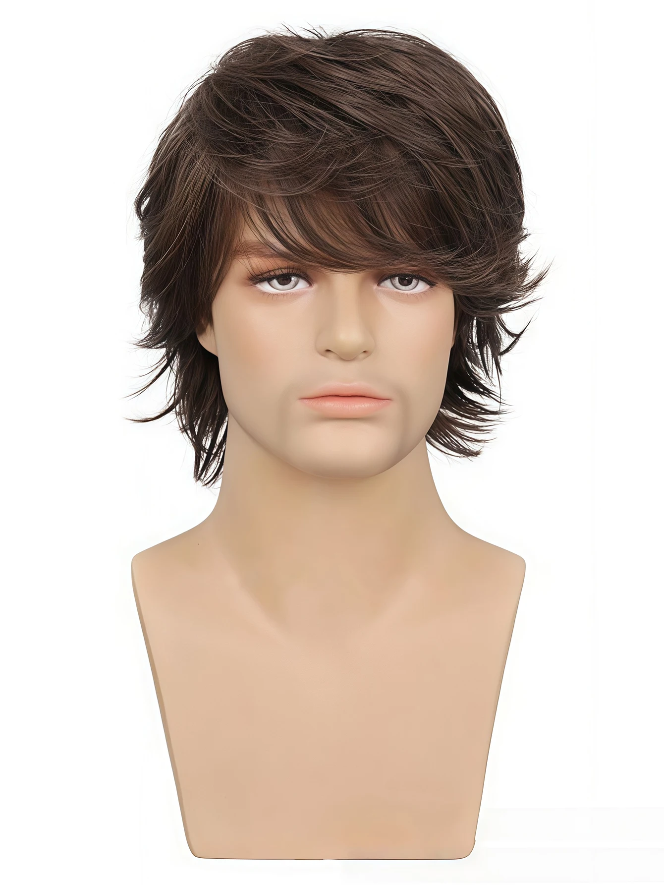 Brown Layered Wolf Cut Wig for Men, Natural Synthetic Hair with Textured Fringe for Daily and Cosplay Looks