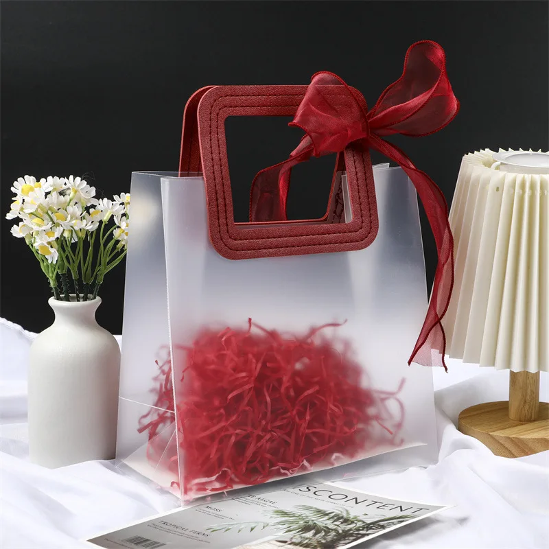 5PCS Clear Gift Bags with Handle PVC Heavy Duty Reusable Shopping Wrap Bag Tote Handbag for Party Birthday Wedding Baby Shower