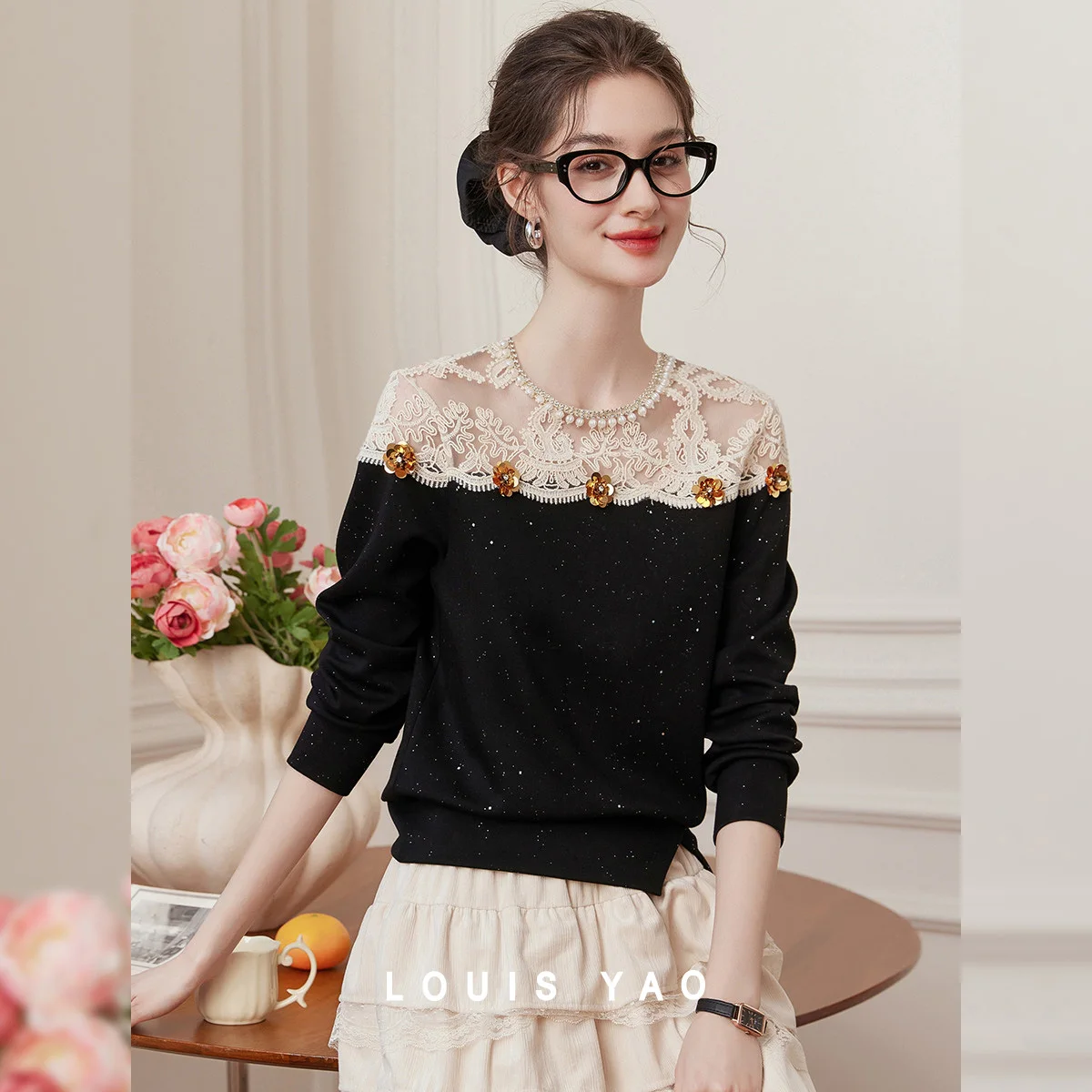 LOUIS YAO Color Block Patchwork Sequin Floral Sweatshirt 2026 Spring Sweet Edgy Heavy-Duty Beaded Chain Women's Hoodies Pullover