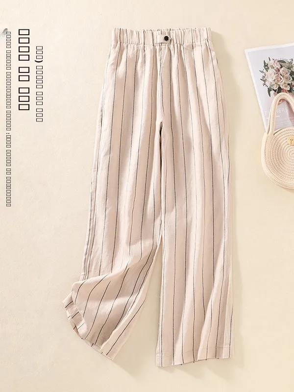 

Повседневные хлопковые льняные брюки с широкими штанинами для женщин, свободные, больших размеров, с эффектом похудения, в полоску, прямые, универсальные, свободного кроя