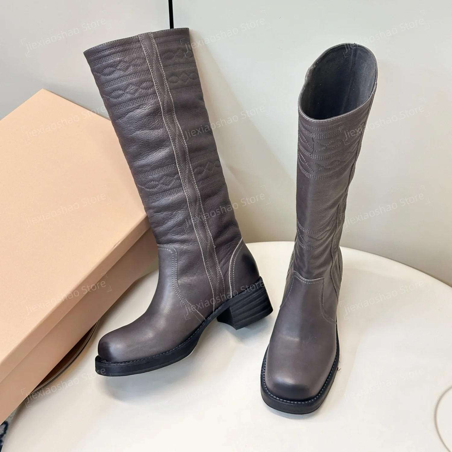 2026 New Collection Autumn Winter British Style Genuine Leather Round-Toe Chunky Heel Knee High Boots Woman Knight Boots Hiver