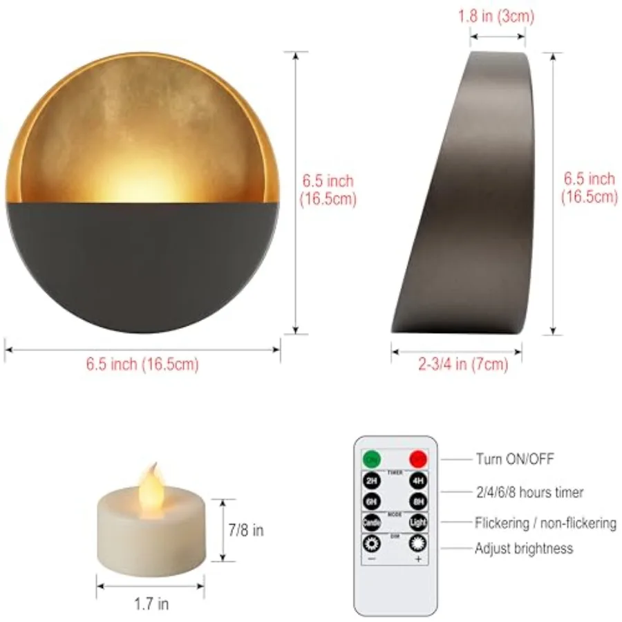 6.5-inch Eclipse Wall Sconces Candle Holders with Remote Controlled Flameless LED Tea Lights, Set of 2, for Living Room, Bedroo
