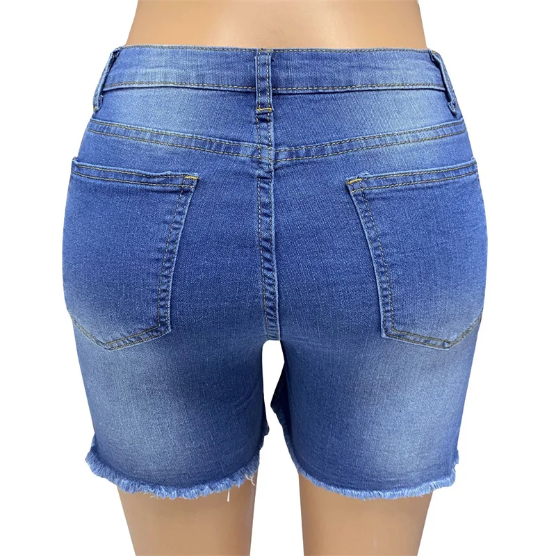 Fashion Slanted Waist Button Splicing Denim Shorts Women Summer Broken Holes Tassel Three Quarter Pants Female Casual Mini Jeans