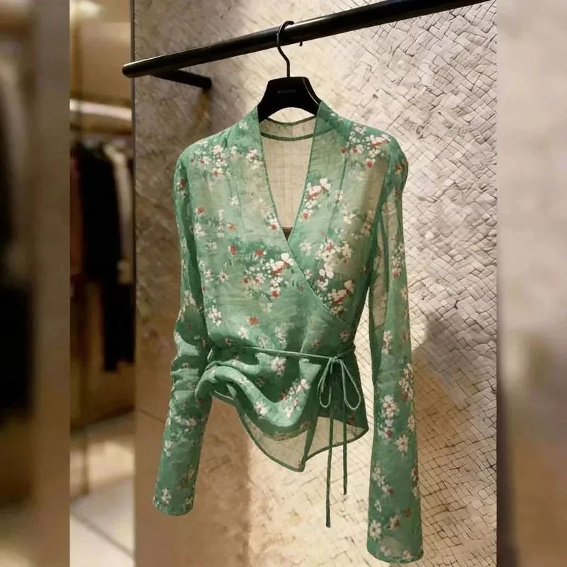 Good-looking Women's Shirt Tops Woman Shirts Blouse 2026 Summer New V Collar  Long Sleeves Temperament Printed Green Shirt
