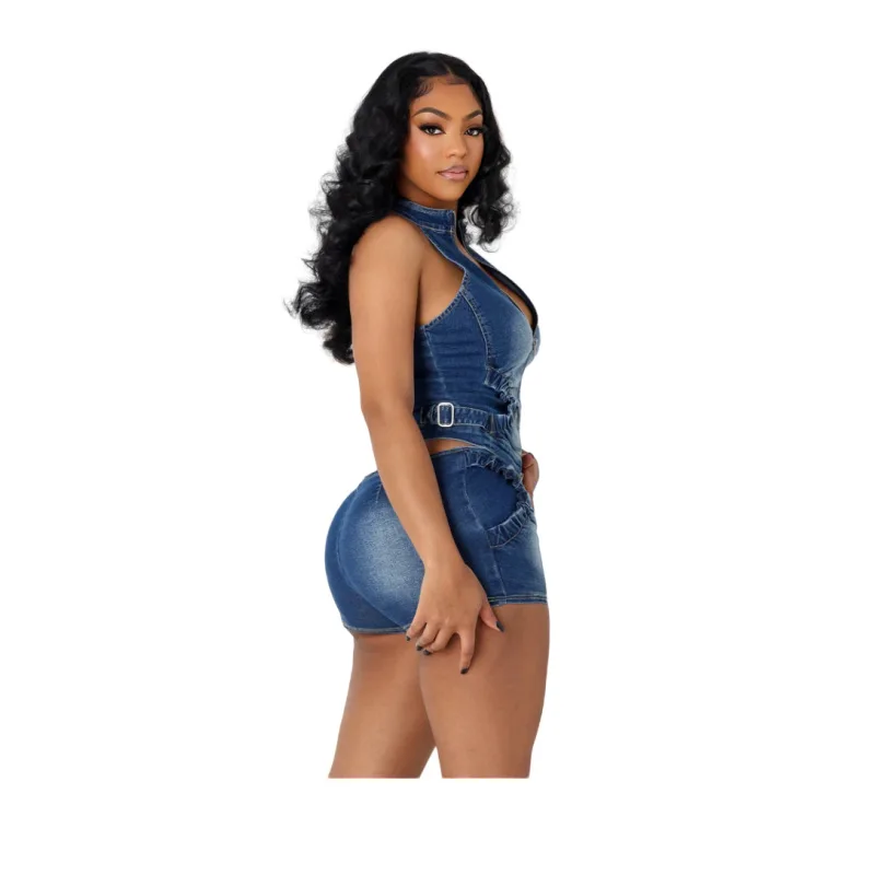 Set Dua Potong Musim Panas 2025 Wanita Denim Melar Modis Baru. Atasan Tanpa Lengan Kerah Tegak Ritsleting Slim-fit + Celana Pendek Ketat
