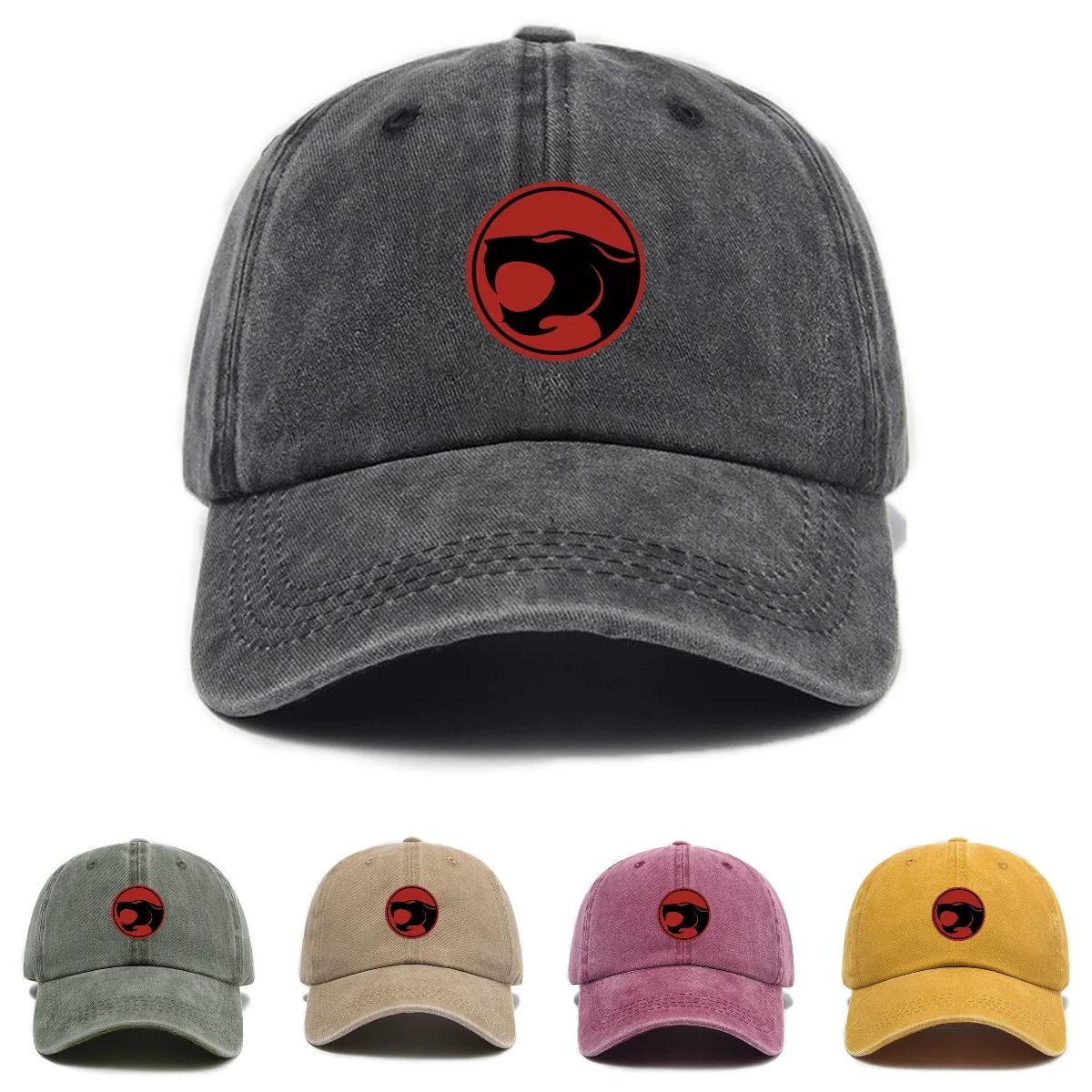 Printed Thunder Cat Washed Cotton Baseball Cap Unisex Outdoor Adjustable Casual Retro Soft Top Dad Hat
