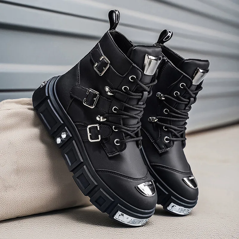 Men's Leather Thick Soled Workwear Short Boots Trendy Brand Personalized and Cool Motorcycle Boots High Top Outdoor Sports Shoes