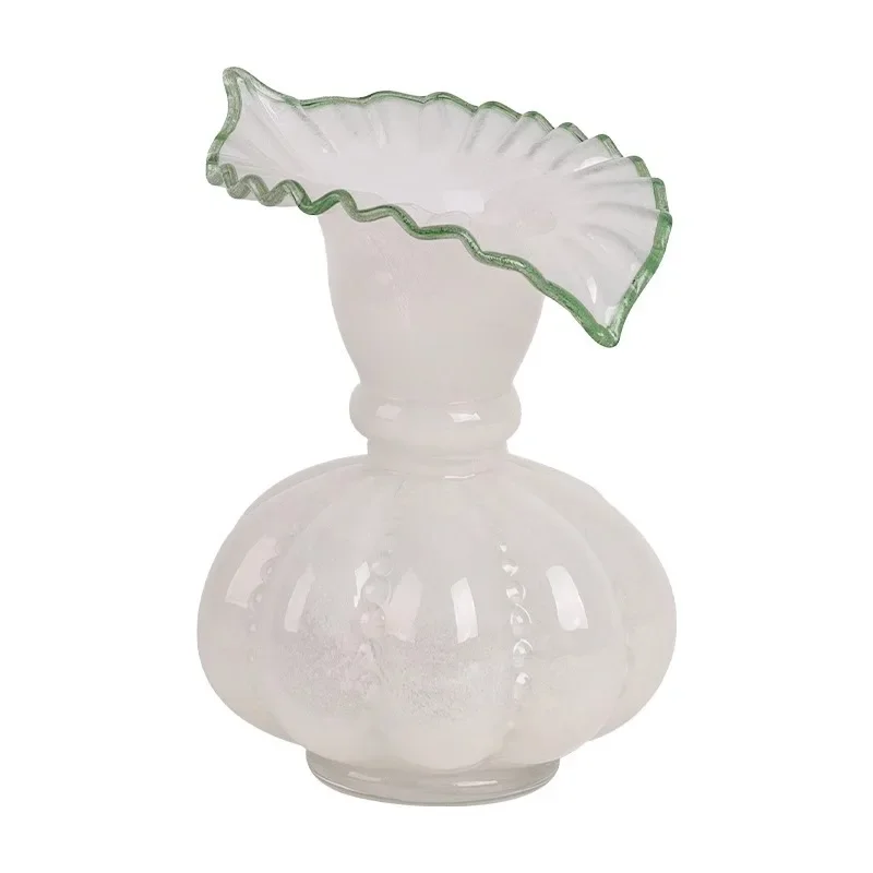 

Light luxury high-end green pumpkin glass vase ornament French retro living room desktop water flower arrangement ornament