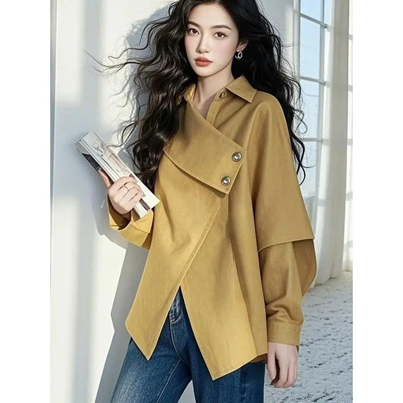 

Loose Fit Asymmetrical Button Down Shirt With Drop Sleeves For Office Casual Wear In Spring And Autumn