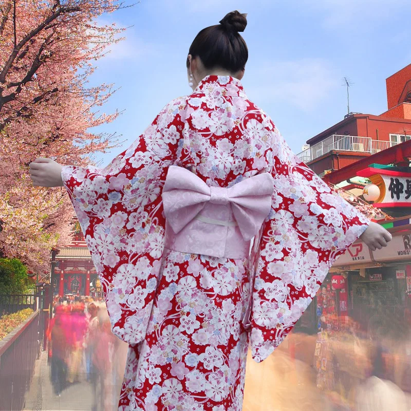 Japanese Traditional Formal Wear New Cotton and Linen Vibrating Sleeves Women's Red Floral Print Kimono Yukata Cos