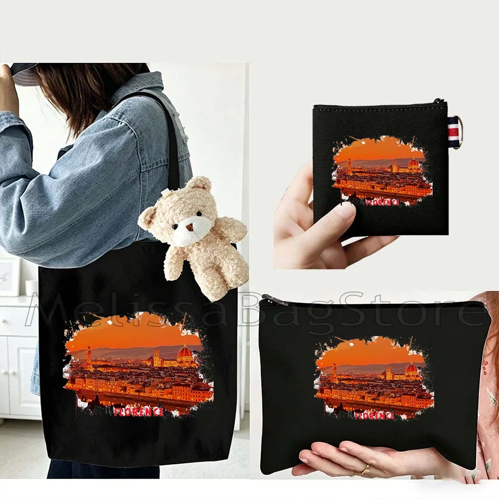 4PCS Gifts Set Florence Italy White Canvas Tote Bag Handbag with Doll Key Coin Purse Cosmetic Makeup Toilet Bag Case Pouch