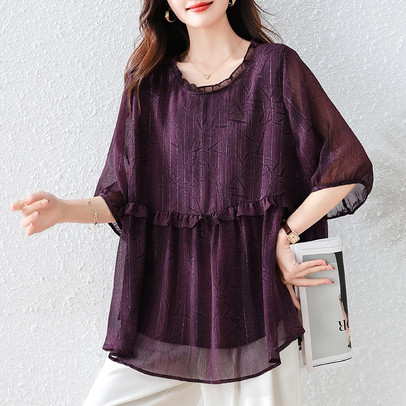 2025 Summer Women Shirt High-end Bright Silk Casual Loose Tops Ruffles Collar 3/4 Sleeve Chiffon Shirt