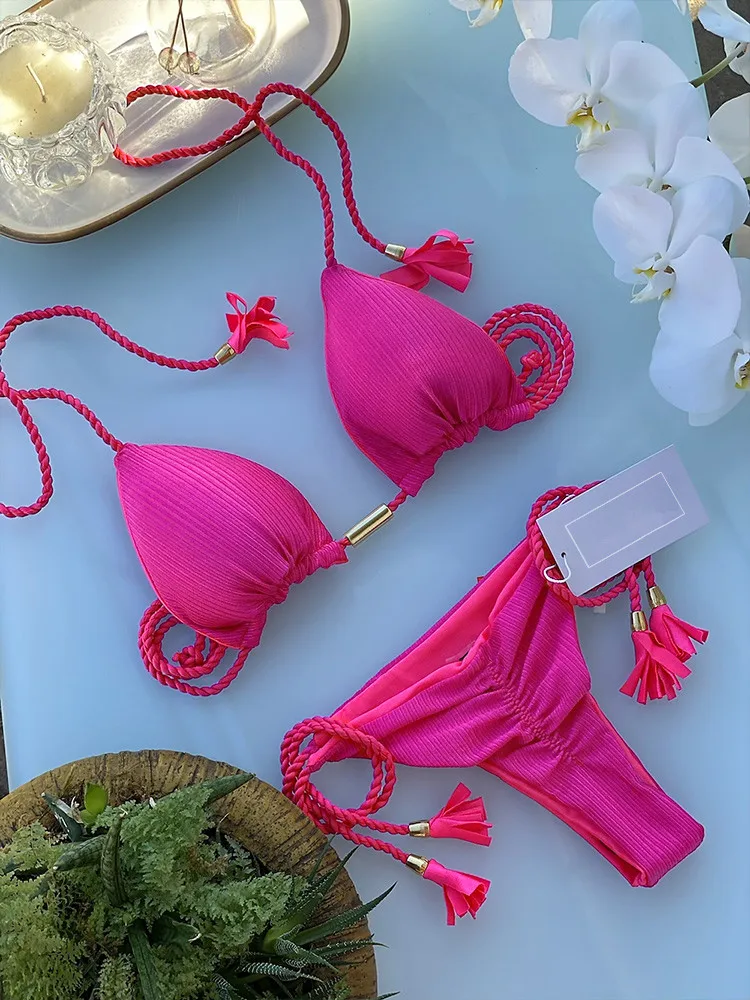 طقم بكيني ثونغ مثير للنساء ، ثونغ مكشوف الظهر ، مكشوف الكتفين ، برباط ، ملابس الشاطئ ، الموضة ، الصيف ،